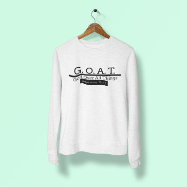 White long-sleeve shirt with "G.O.A.T. Greatest of All Time" text design.