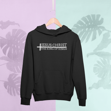 Black hoodie with white text reading "Jesus Christ the Resurrection of Life."