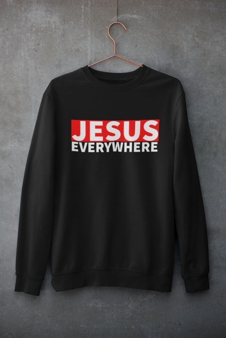Black sweatshirt with "JESUS" in red and "EVERYWHERE" in white text.